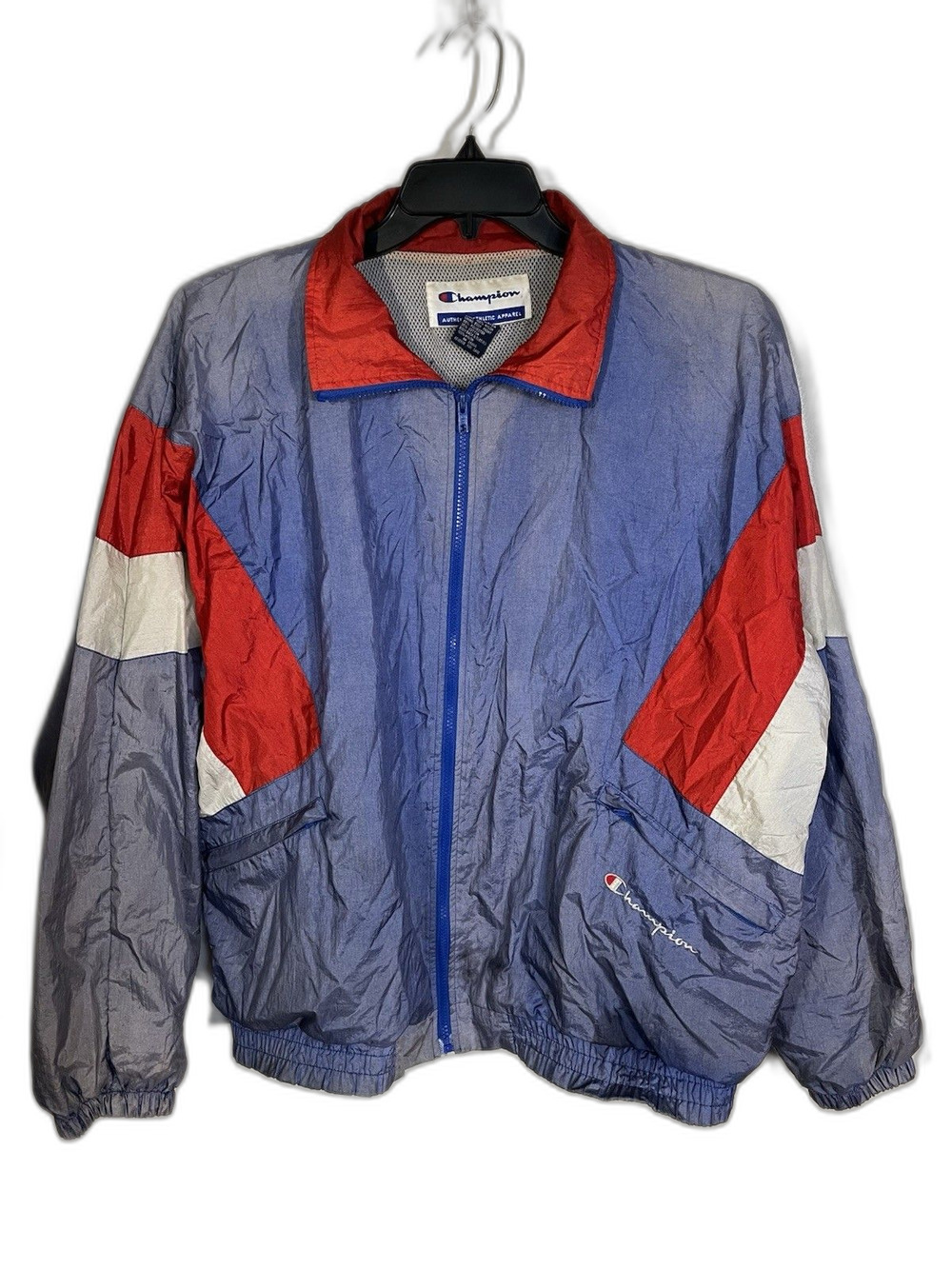 Vintage 90s Champion Windbreaker Jacket XL Colorblock Red Blue Nylon Track Coat